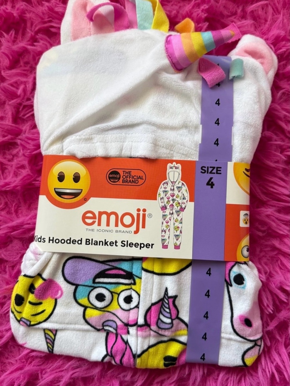 Kids Hooded Blanket Sleeper - White with Multicolor Unicorn/Emoji Print - Size 4